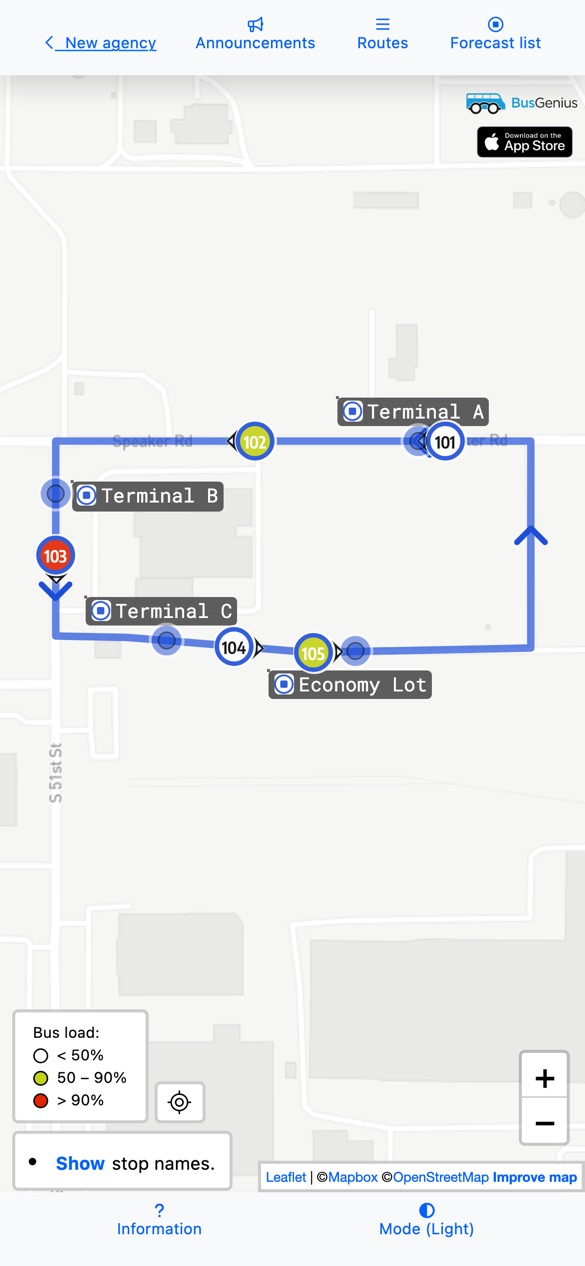 BusGenius passenger app: live buses on the Economy Lot Shuttle, colored by how full each one is.