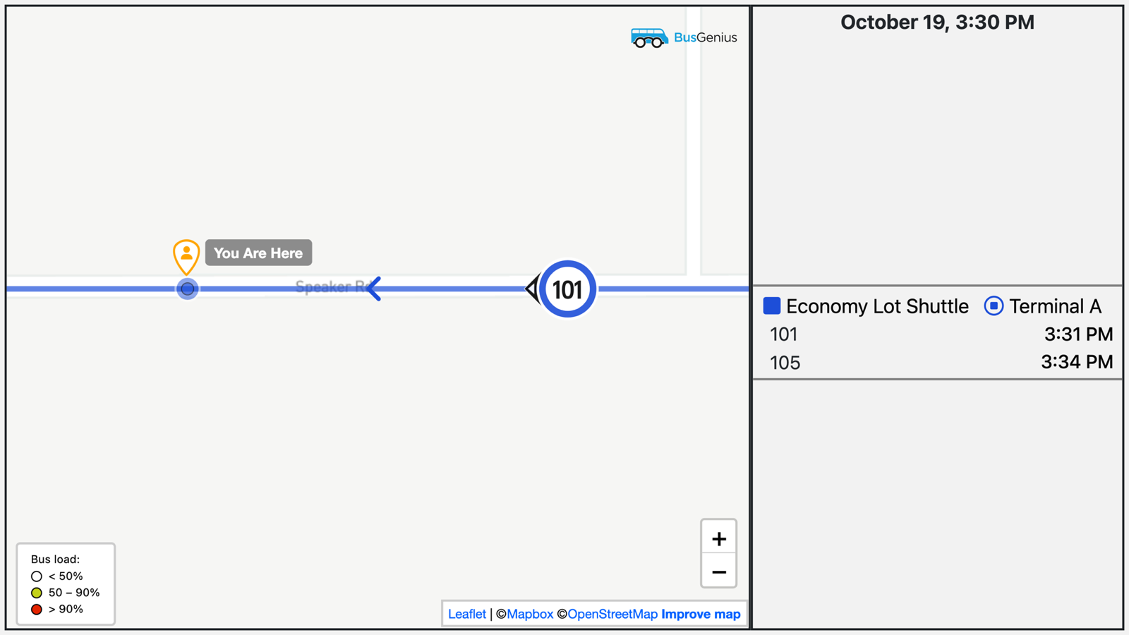 Stop display for Terminal A: a close-up map with bus 101 approaching the You Are Here stop, and the next two departures.